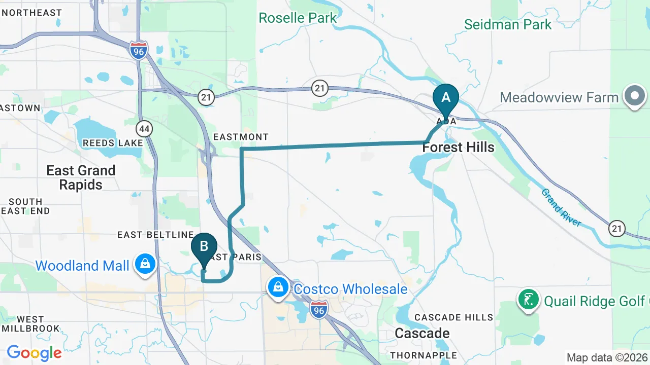 Driving directions map from Ada, MI to Greenland Advanced Oral Care in Grand Rapids