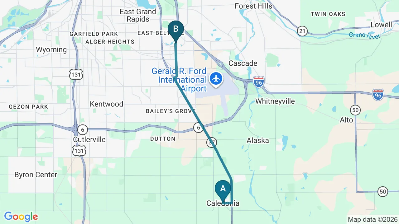 Driving directions map from Caledonia, MI to Greenland Advanced Oral Care in Grand Rapids