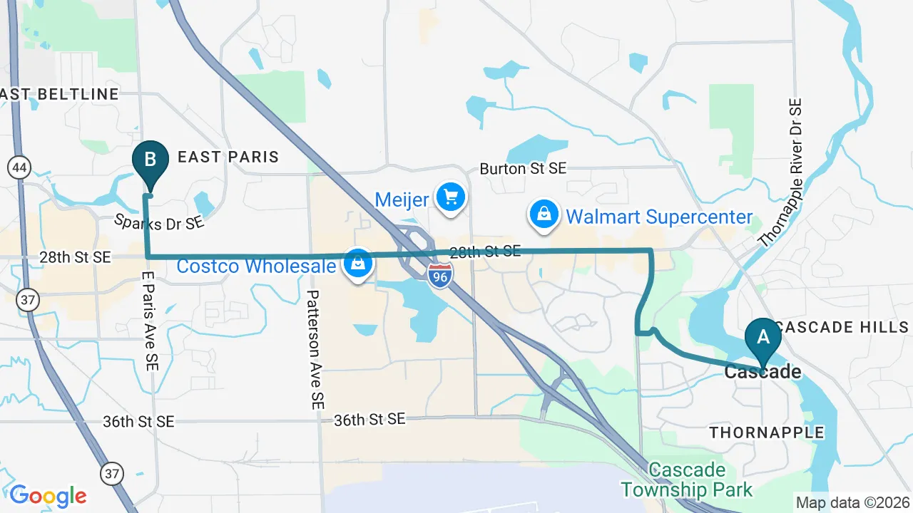 Driving directions map from Cascade, MI to Greenland Advanced Oral Care in Grand Rapids