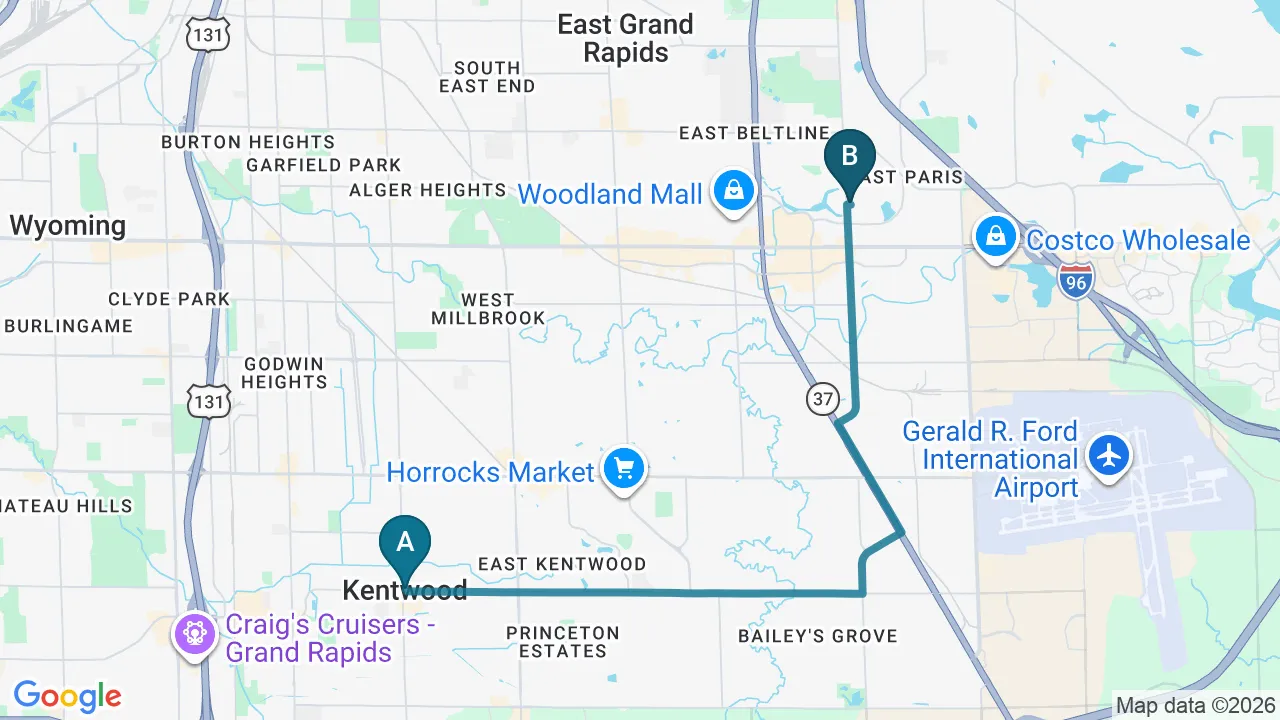 Driving directions map from Kentwood, MI to Greenland Advanced Oral Care in Grand Rapids