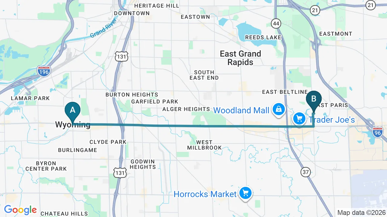 Driving directions map from Wyoming, MI to Greenland Advanced Oral Care in Grand Rapids